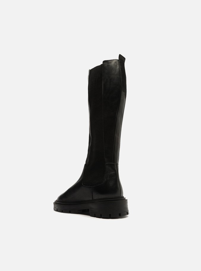 Bota Preta Couro Cano Longo Elástico