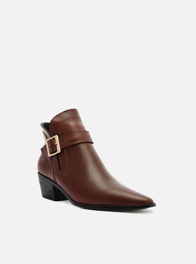 Bota Marrom Escuro Couro Cano Curto Bico Fino Fivela