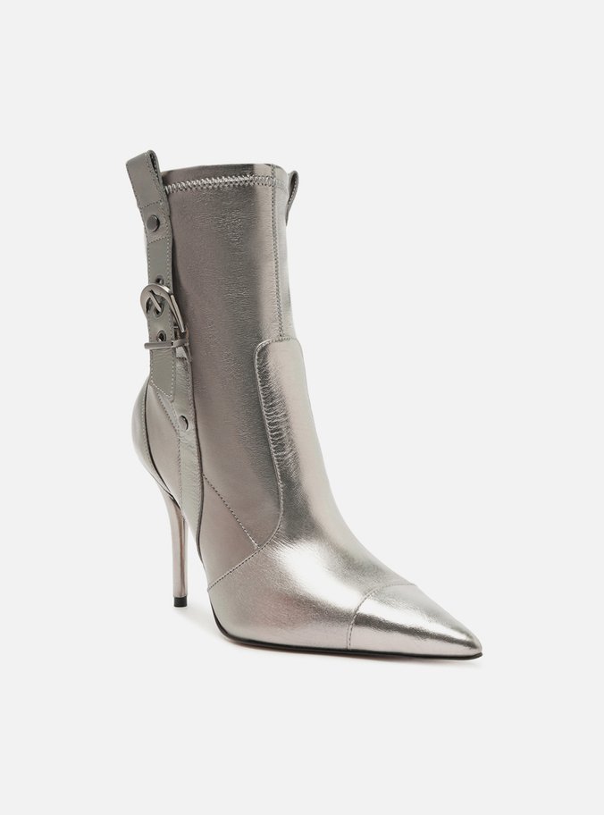 Bota Prata Couro Cano Curto Bico Fino Fivela