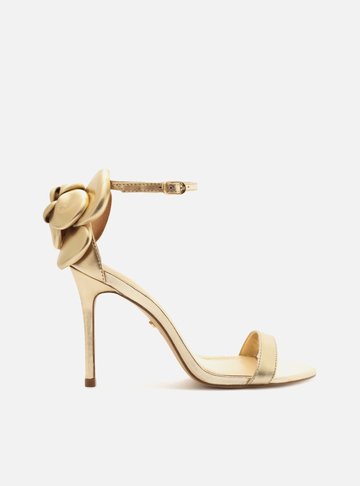 Sandália Dourada Couro Salto Fino Maxi Flor