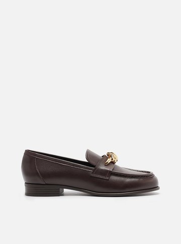 Mocassim Marrom Couro Bico Redondo Metal Nó