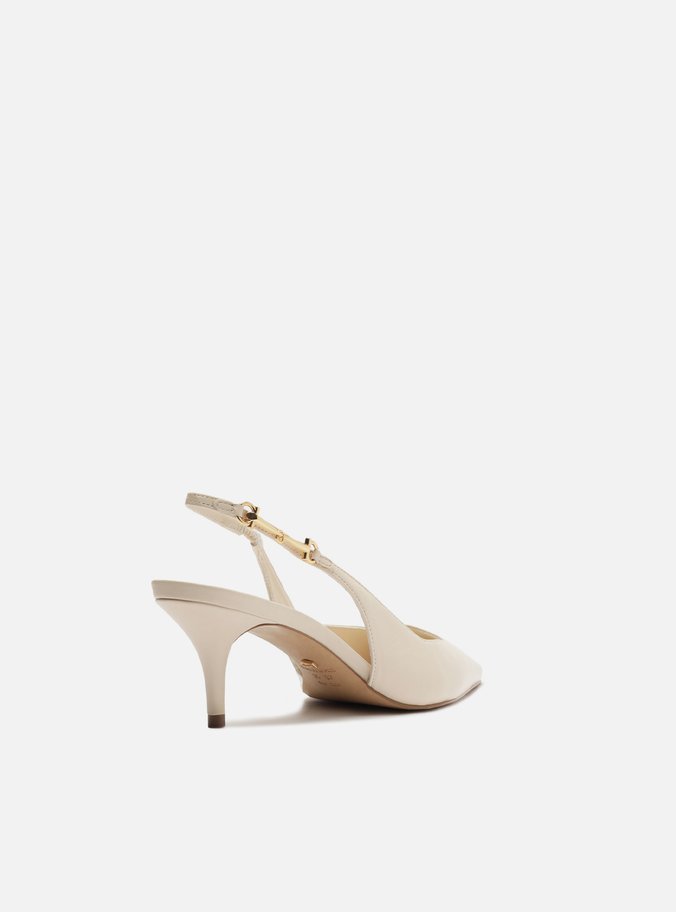 Scarpin Branco Couro Slingback Detalhe Metal