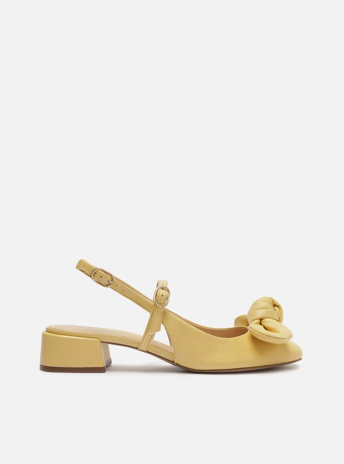 Sapato Boneca Amarelo Couro Salto Bloco Laço