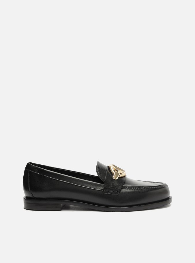 Mocassim Preto Couro Metal Geométrico