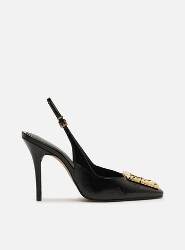 Scarpin Preto Couro Slingback Metal Verniz
