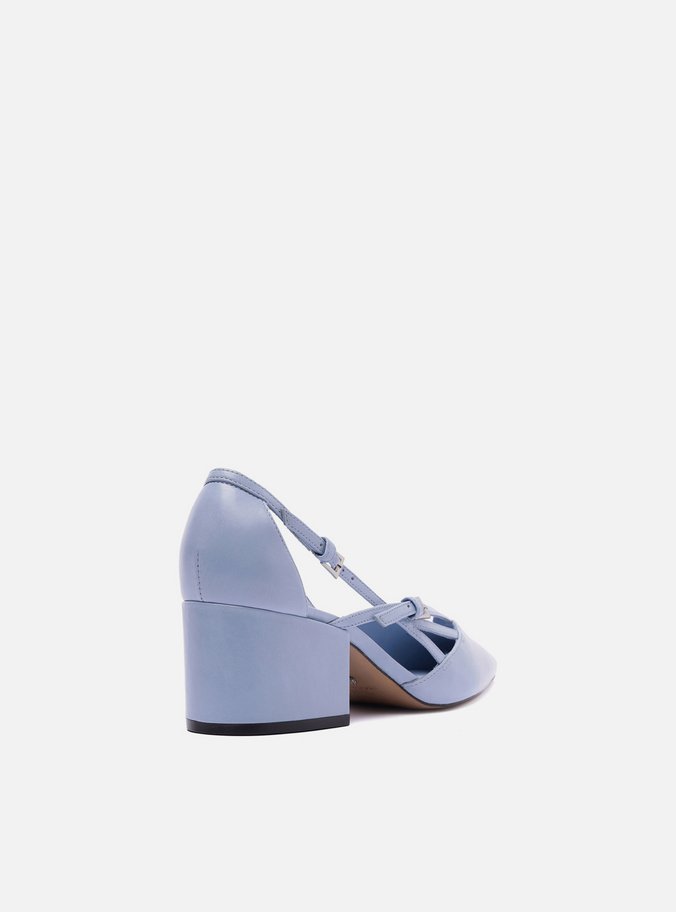 Scarpin Azul Couro Bloco Semi Aberto Fivelas