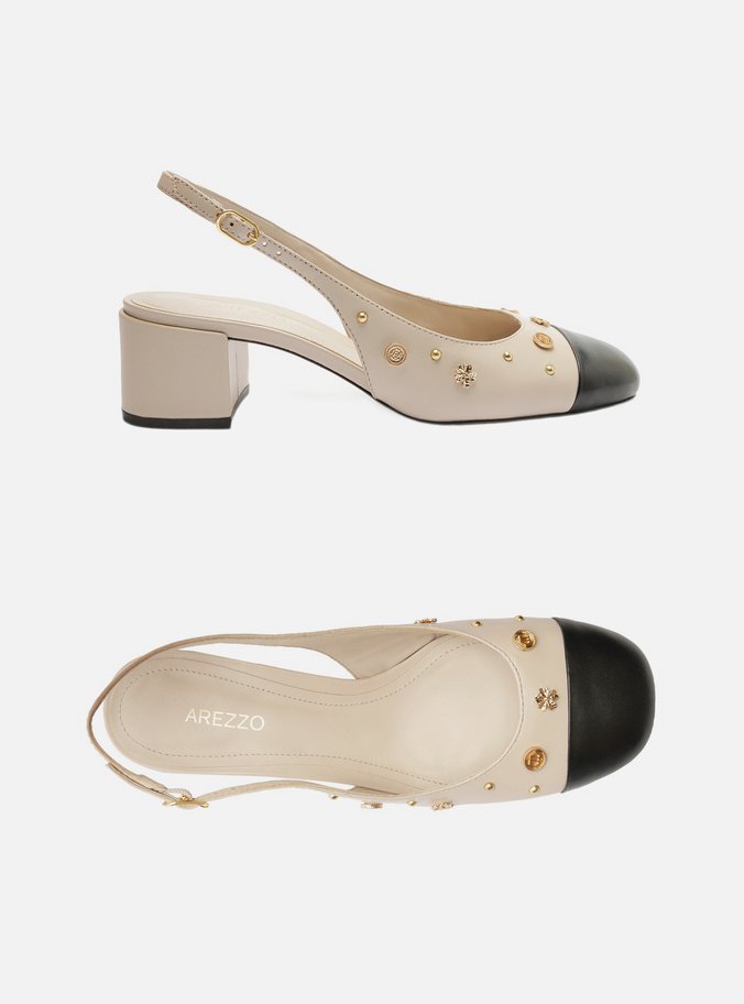 Scarpin Bege Couro Slingback Aplicações