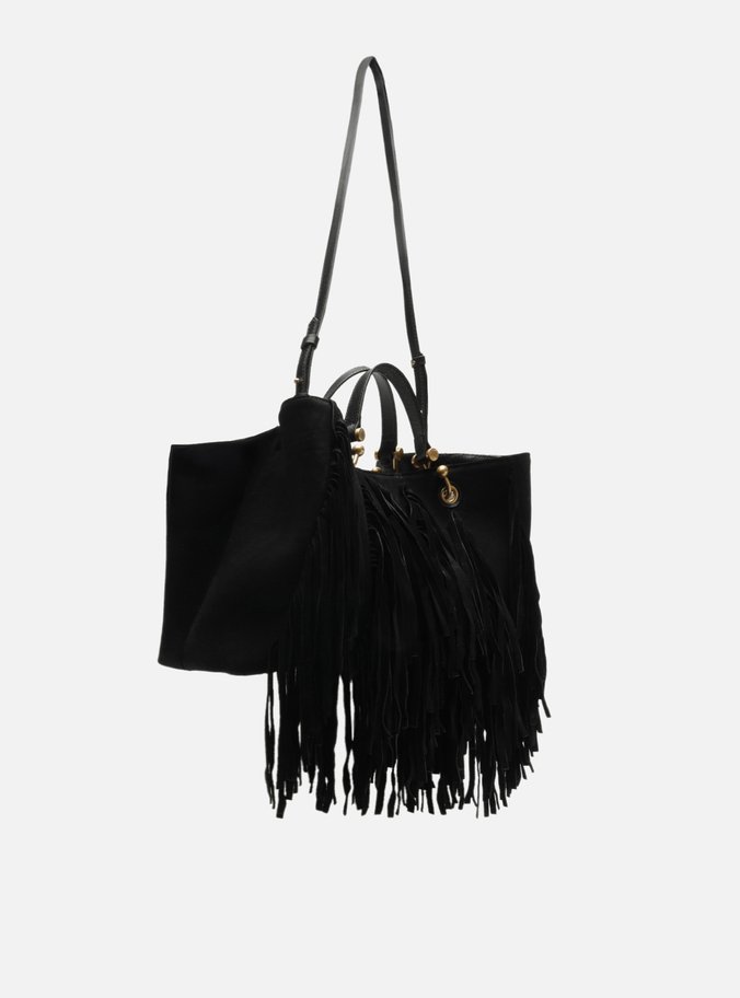 Bolsa Tote Preta Suede Grande Franjas