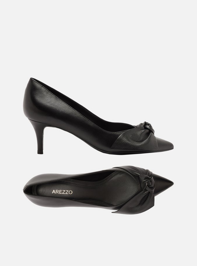 Scarpin Preto Couro Salto Fino Laço Maxi