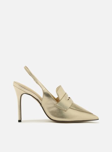 Scarpin Dourado Salto Alto Sling Back