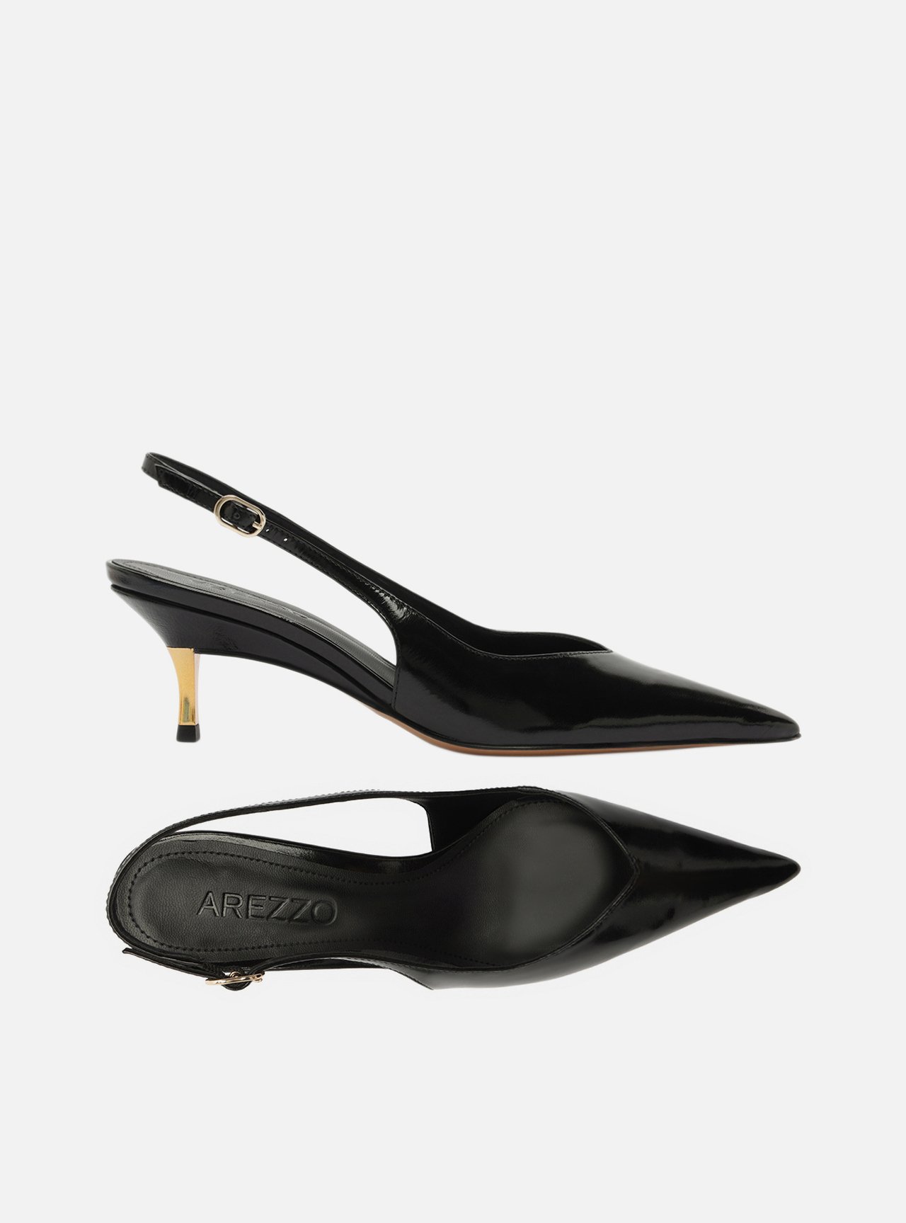 Scarpin Preto Couro Slingback Salto Médio Dourado — foto 5