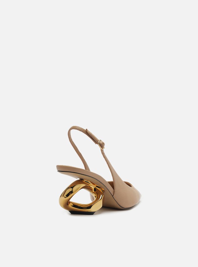 Scarpin Bege Couro Salto Geométrico Slingback