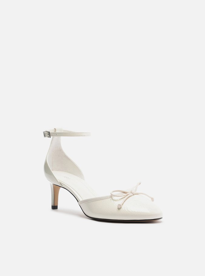 Scarpin Branco Couro Bico Redondo Aberto Laço