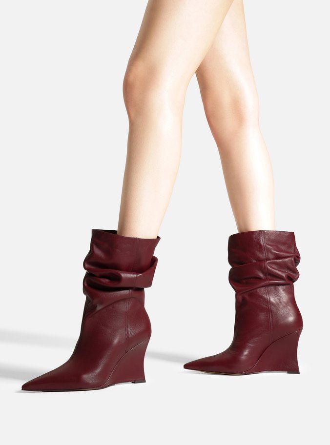 Bota Bordô Couro Salto Anabela Alto Slouchy