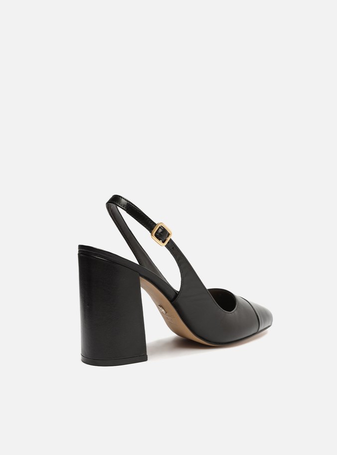 Scarpin Preto Couro Salto Bloco Cap Toe