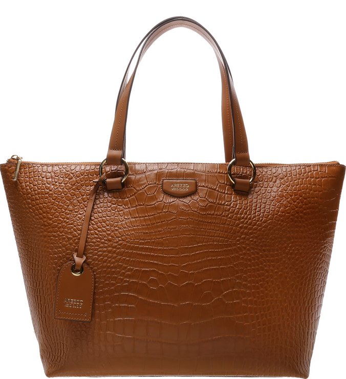 Bolsa Shopping Couro Croco Giornata Nero Grande Apricot Tan