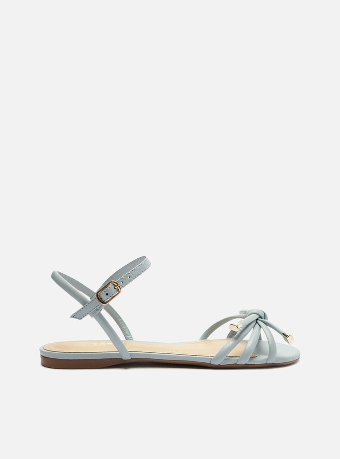 Sandália Rasteira Azul Tiras Nó Fivela