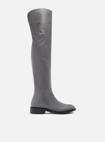 Bota Over The Knee Cinza Couro Salto Bloco