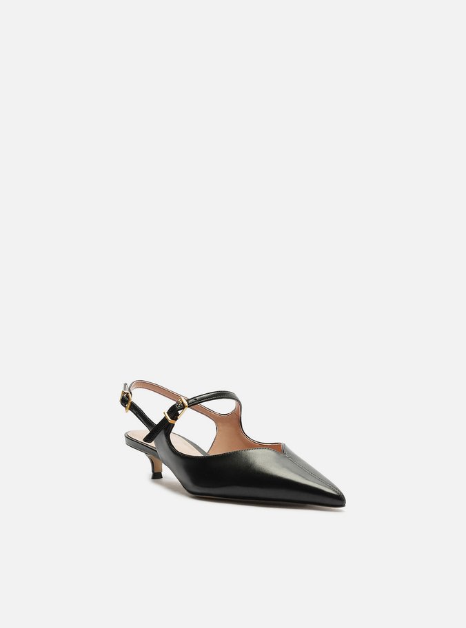 Sapato Boneca Preto Couro Bico Fino Slingback