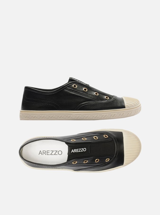 Tênis Slip On Preto Couro Sola Baixa Elástico