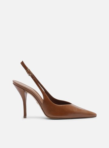 Scarpin Marrom Couro Salto Alto Fino Slingback