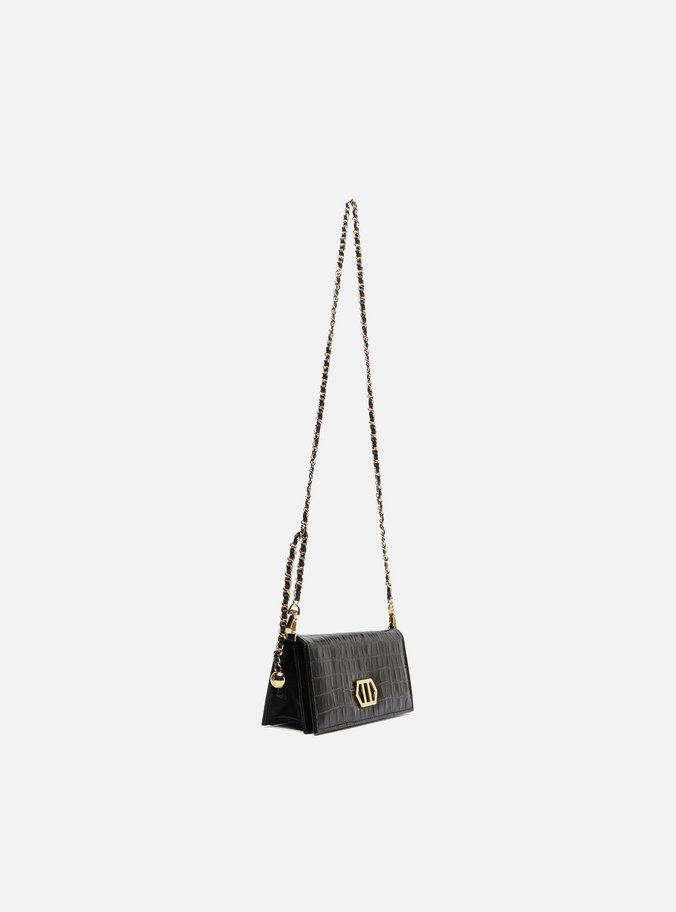 Clutch Preta Couro Croco Pequena Metal