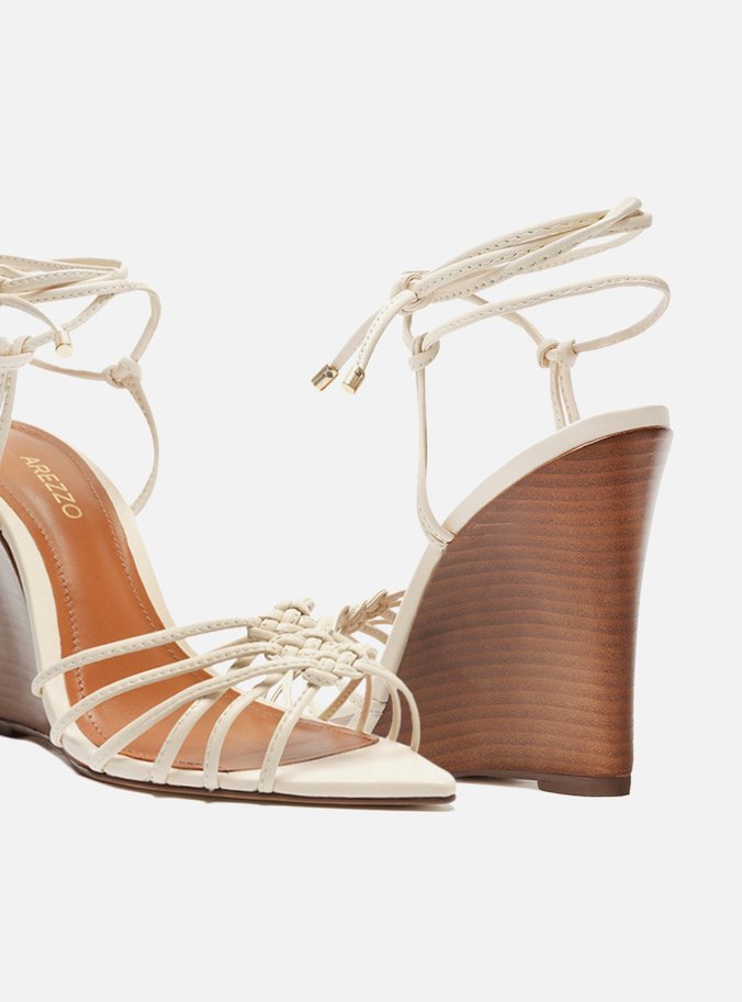 Sandália Off-White Salto Anabela Tiras Amarração