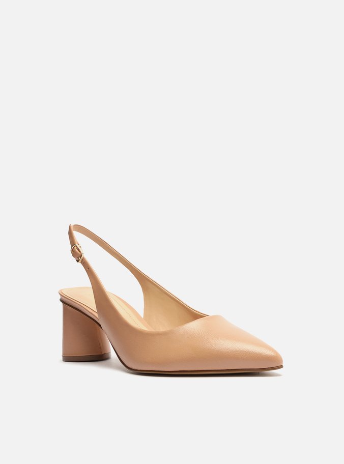 Scarpin Bege Couro Salto Geométrico Slingback