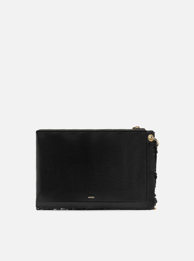 Clutch Preta Couro Média Franjas Ilhoses