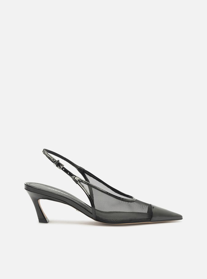Scarpin Preto Tela Salto Kitten Bico Fino