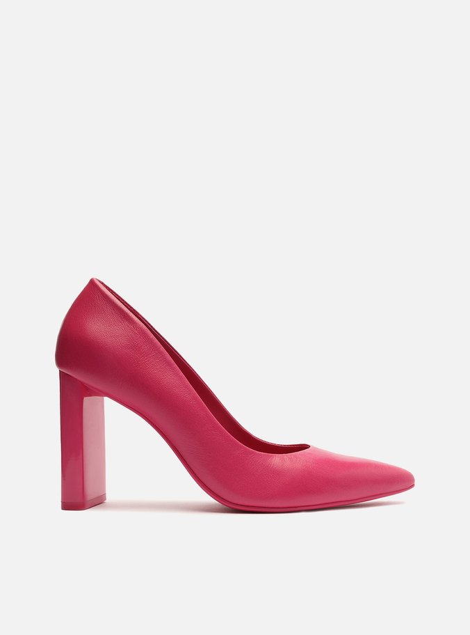 Scarpin Rosa Couro Salto Bloco Bico Fino