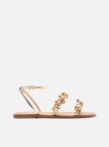 Sandália Rasteira Dourada Tiras Pedrarias Maxi
