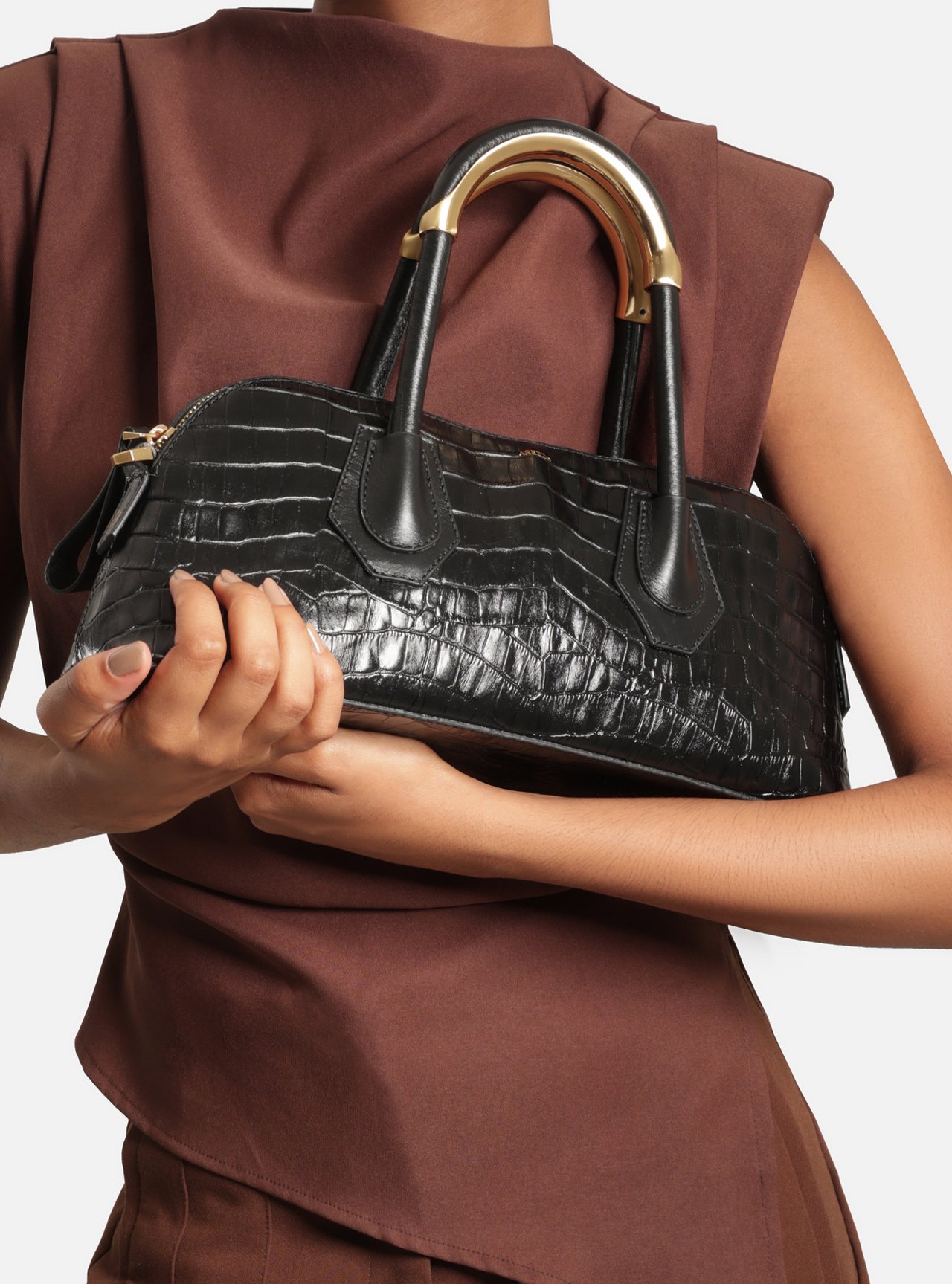 Bolsa Tote Preta Couro Média Croco — foto 6