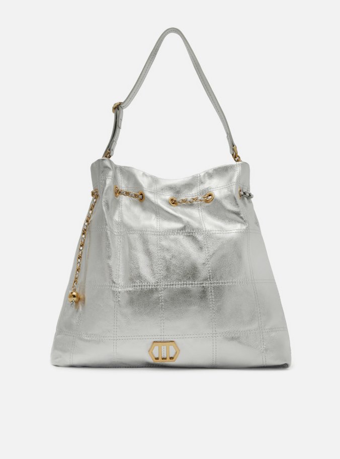 Bolsa Hobo Prateada Couro Grande Matelassê Corrente