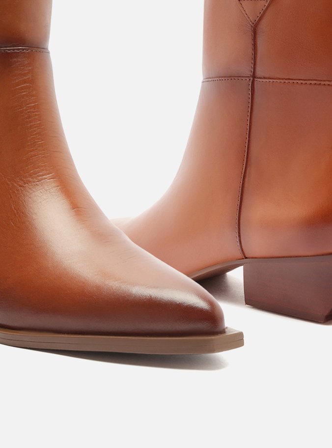 Bota Marrom Couro Cano Curto Salto Bloco