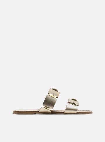 Rasteira Dourada Couro Flat Platino