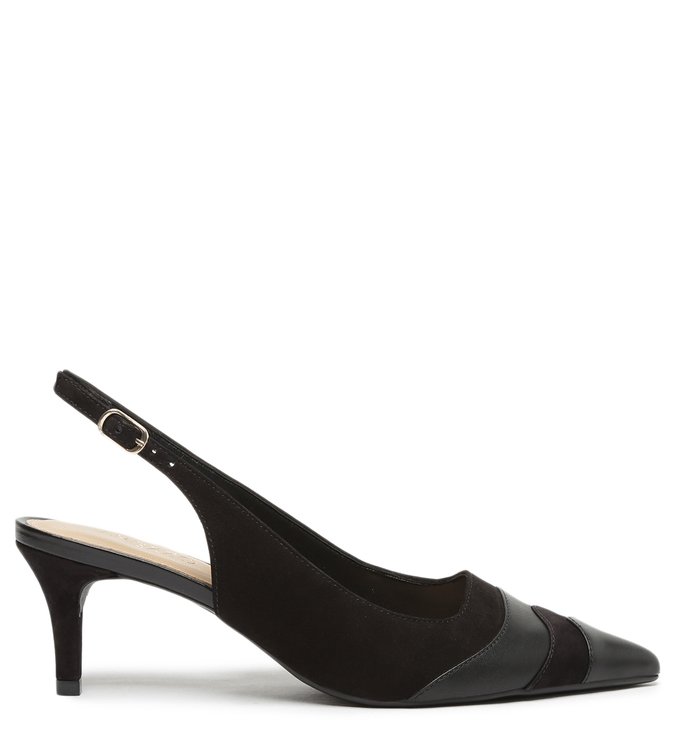 Scarpin Preto Nobuck e Couro Salto Fino Slingback