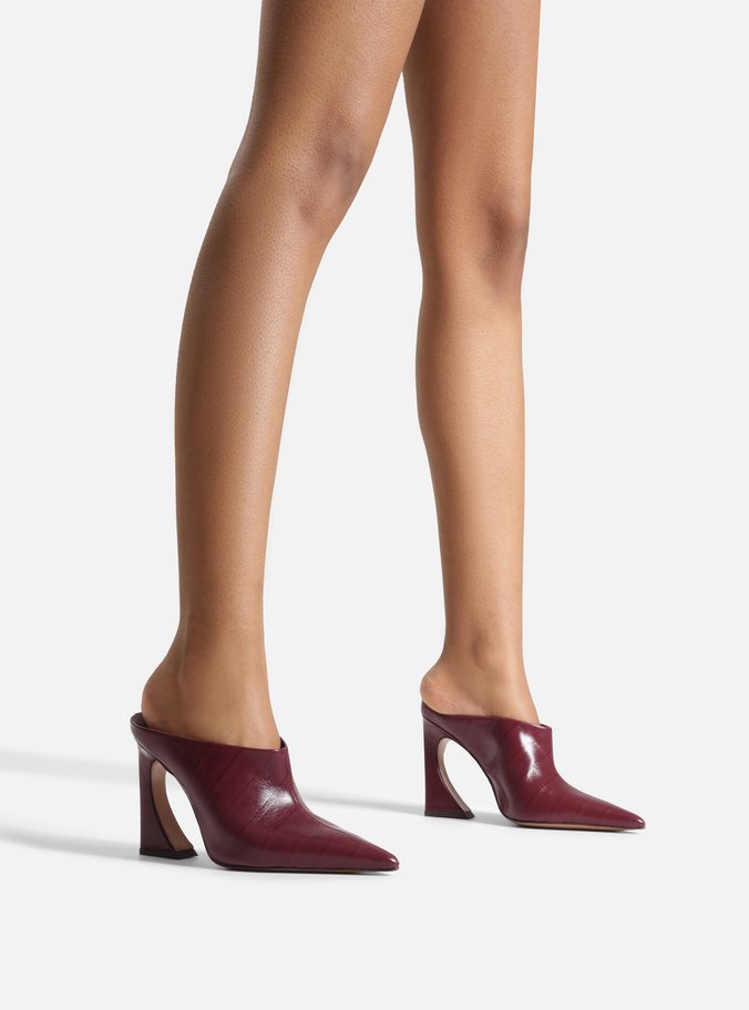 Mule Bordô Couro Textura Salto Alto Flare