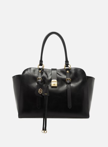 Bolsa Tote Preta Couro Estonado Grande Metal