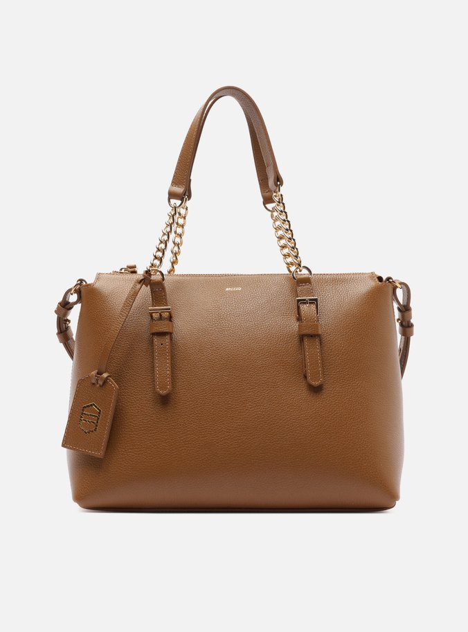Bolsa Tote Marrom Couro Grande Alça Corrente