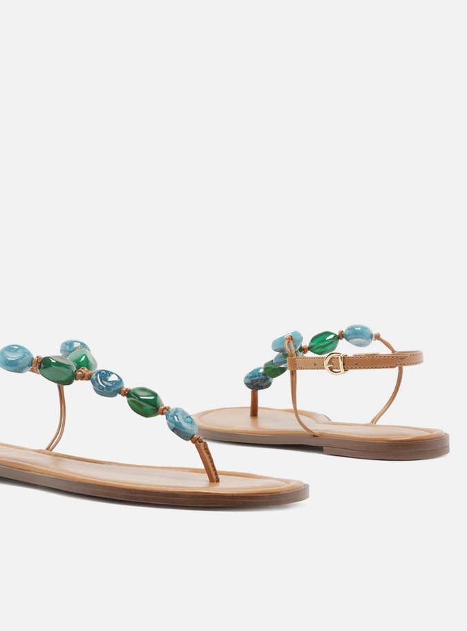 Sandália Rasteira Marrom Slim Pedras Boho