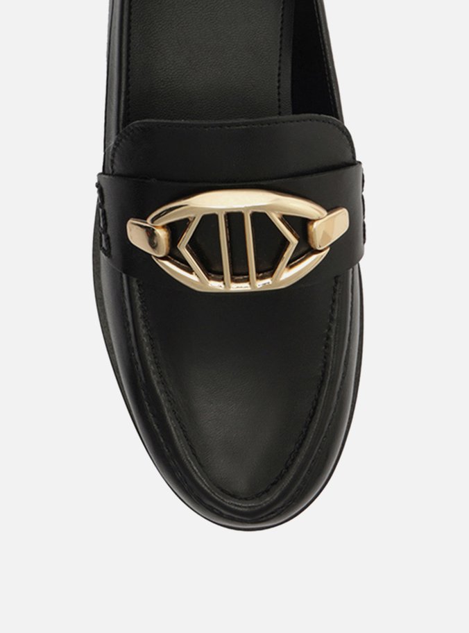 Mocassim Preto Couro Metal Geométrico