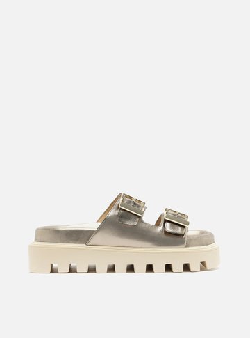 Sandália Metalizada Couro Flatform Tratorada