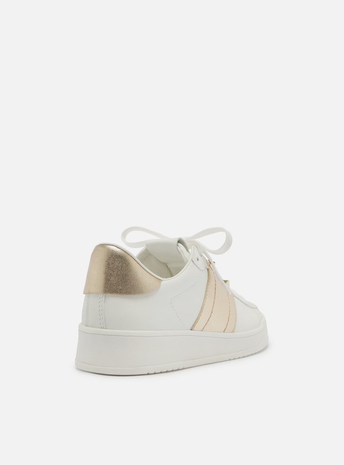Tênis Branco Couro Detalhe Lateral Dourado