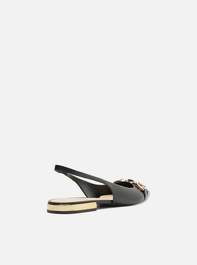 Sapatilha Preta Couro Bico Fino Slingback Bridão