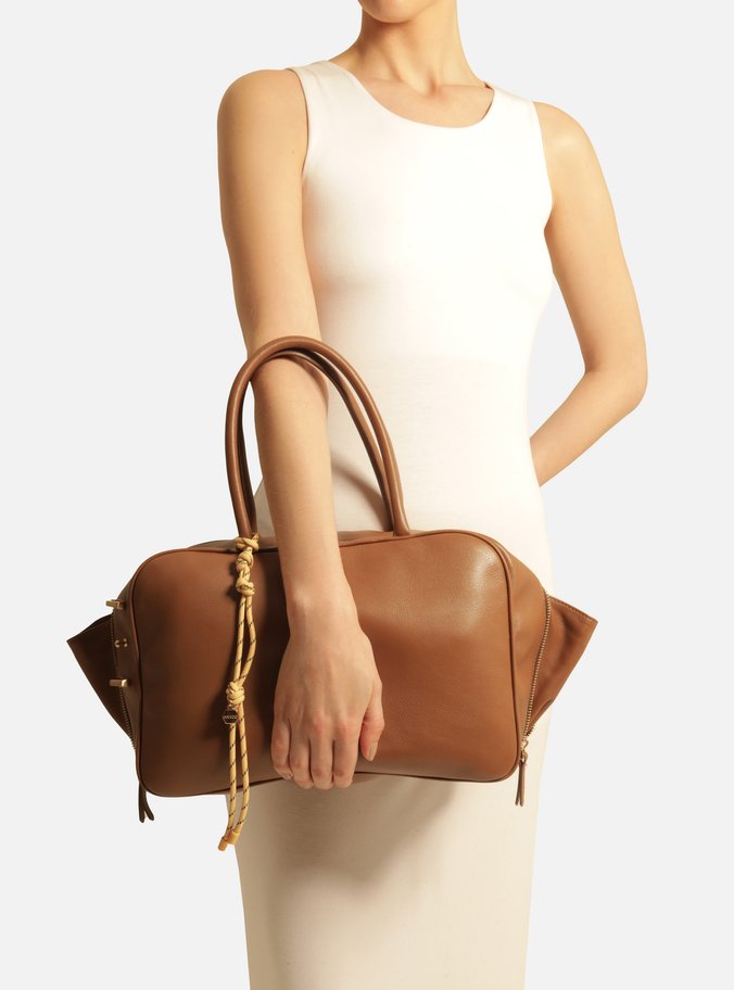 Bolsa Tote Marrom Couro Grande Charm Laranja