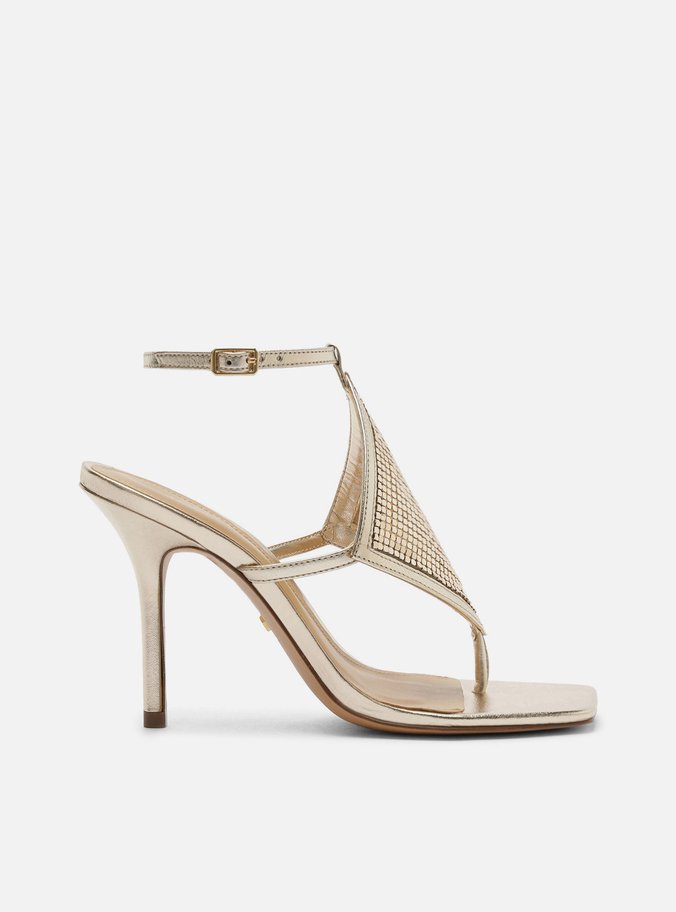 Sandália Dourada Salto Alto Losango Tela