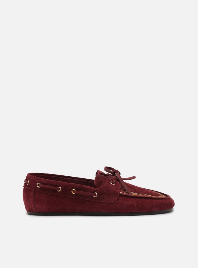 Mocassim Vinho Suede Bordado Retrô