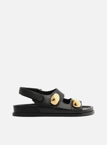 Sandália Papete Preta Couro Metal