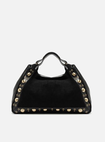 Bolsa Tote Preta Couro Camurça Grande Metais